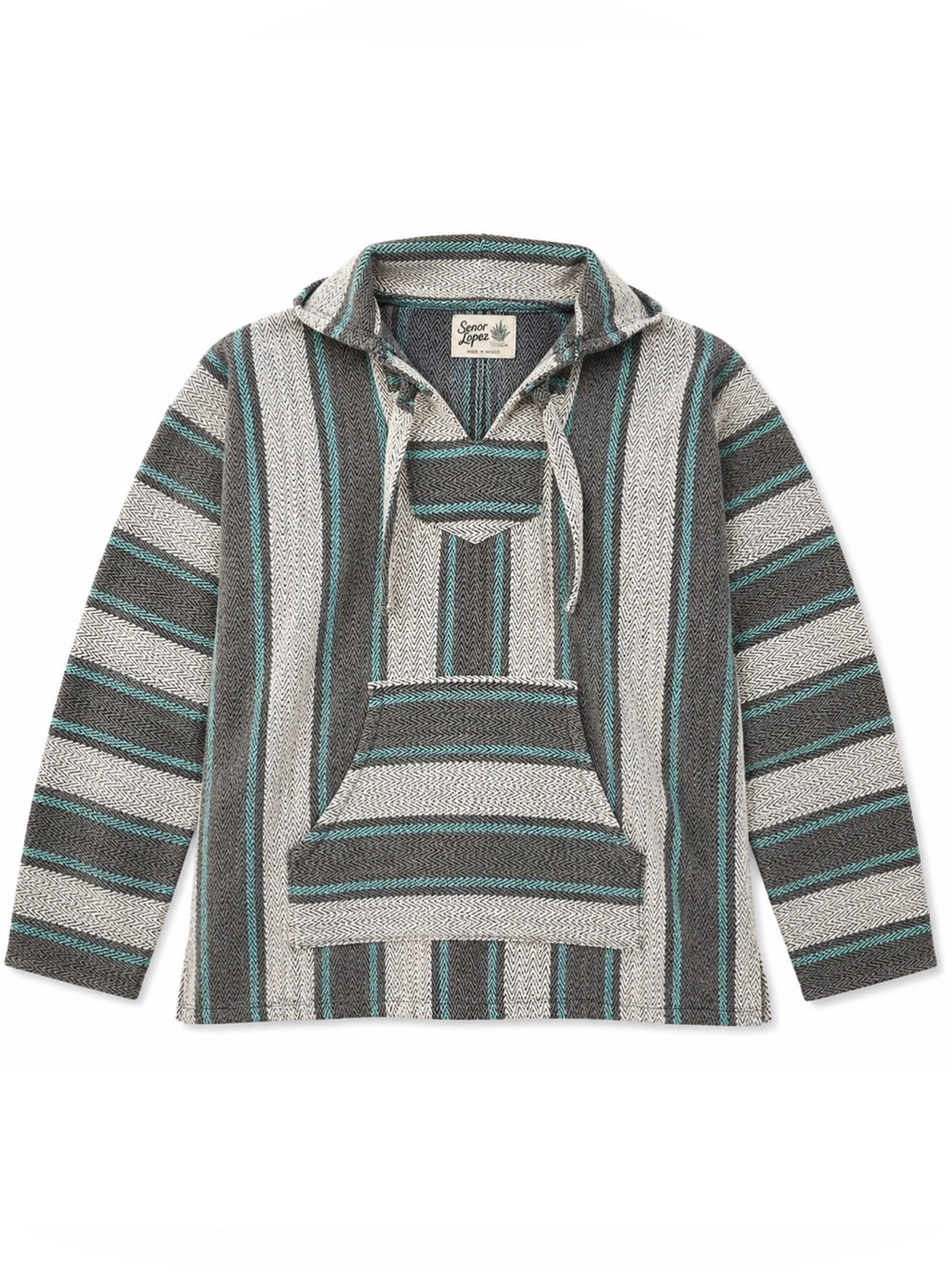 Señor Lopez Original Premium Baja Poncho Hoodie Mexican Pullover Gray Teal L